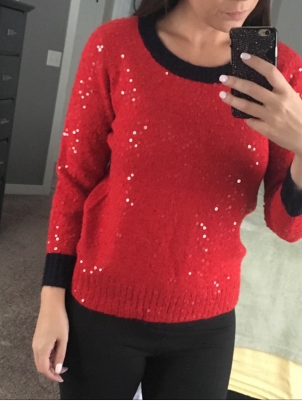 NWT Red Sequin Wool Blend Crewneck with Navy Trim